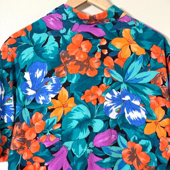Vtg Cabrais Womens Tropical Hawaiian Shirt Rayon Button Floral Teal Hibiscus - Picture 6 of 11